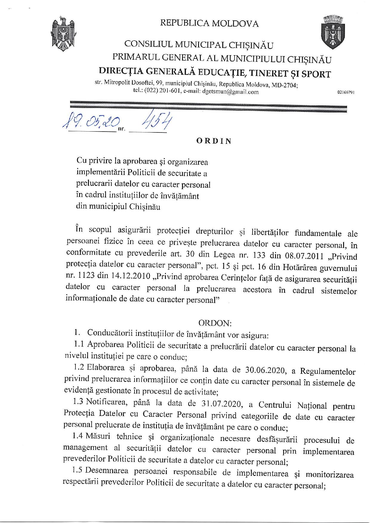 Ordin nr.454 din 13.05.2020